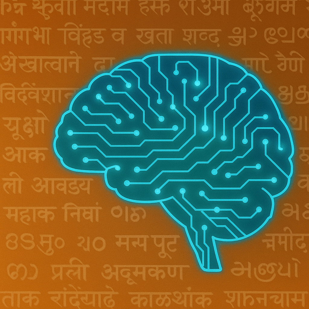 Artificial intelligence brain with Indian language scripts in the background