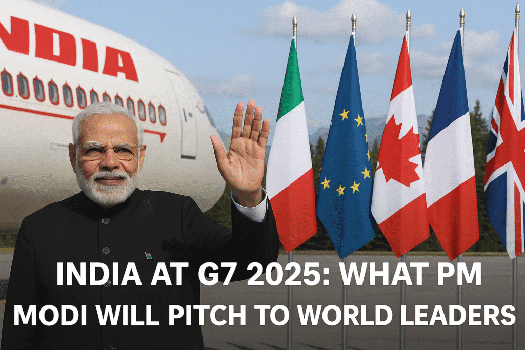 Prime Minister Narendra Modi arrives in Canada for the .PM Modi at G7 waving in front of an Air India aircraft and international flags at Kananaskis.