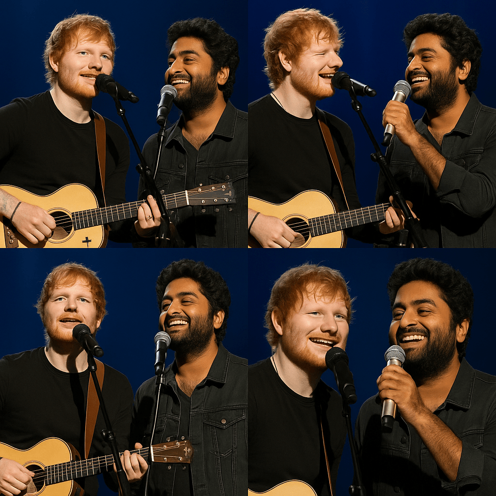 A composite of four photos showing Ed Sheeran and Arijit Singh performing live on stage. Both artists are seen singing joyfully into microphones under concert lighting during their song "Sapphire."