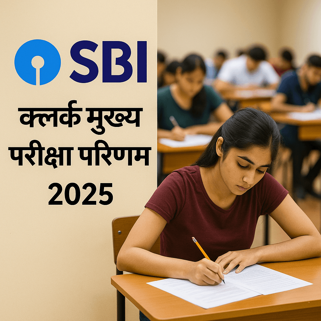 Students appearing for SBI Clerk Mains Exam in a classroom with “क्लर्क मुख्य परीक्षा परिणाम 2025” text and SBI logo on the board.