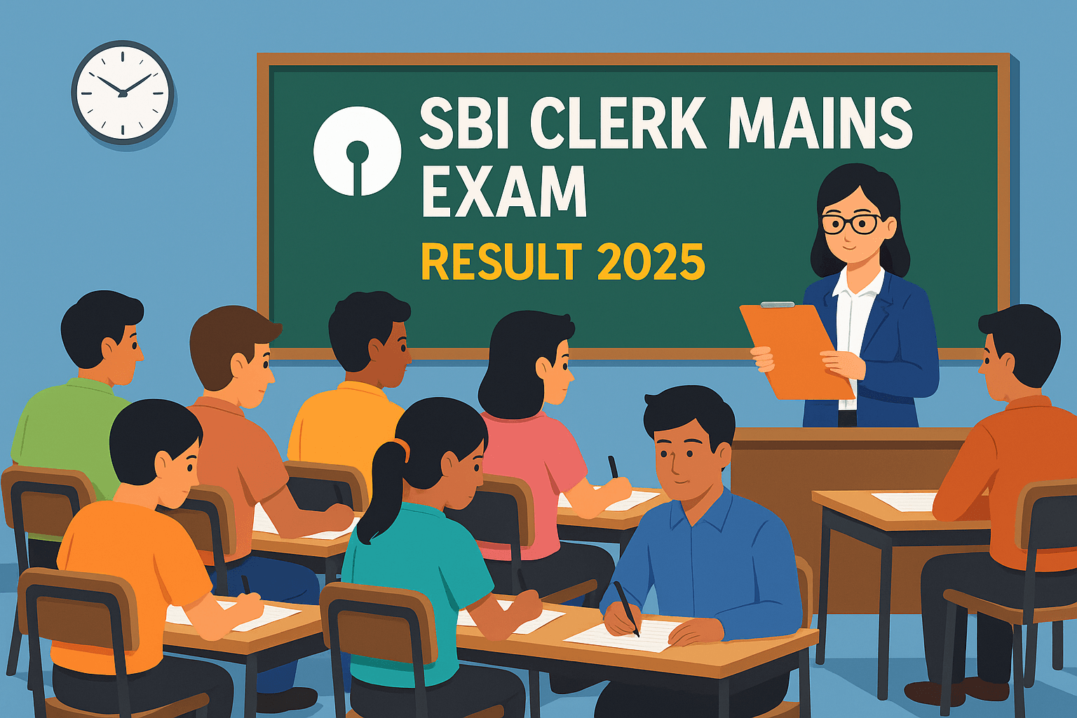 Eight candidates seated in a classroom taking the SBI Clerk Mains Exam 2025, with a teacher holding a clipboard beside a chalkboard showing “SBI Clerk Mains Result 2025”.