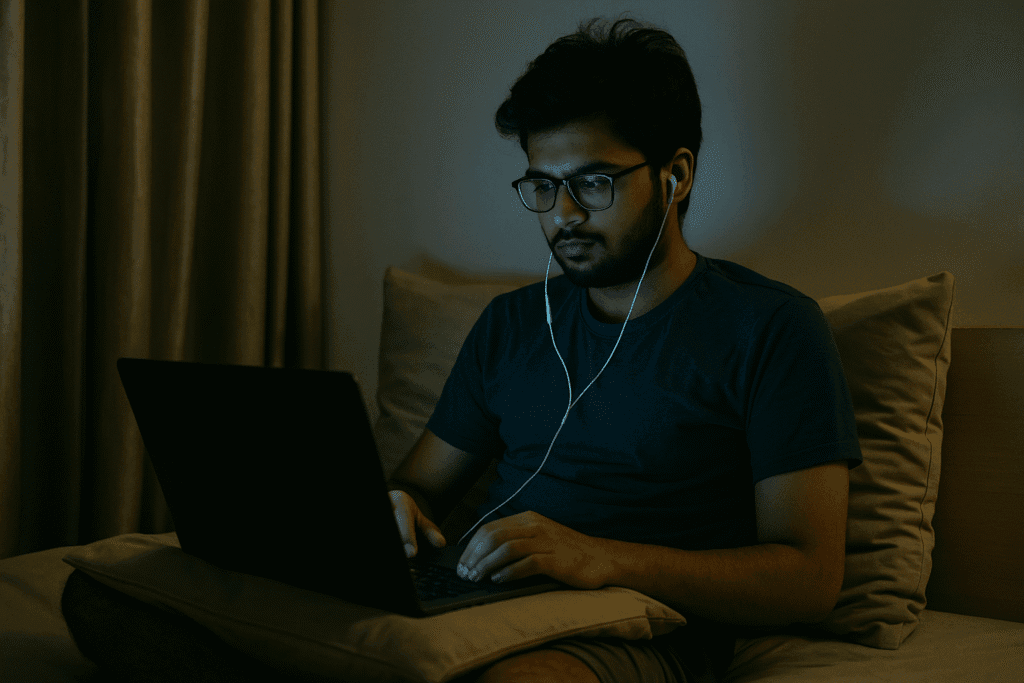 Young Indian man watching a Hindi web series alone at night with earphones and laptop, deeply focused