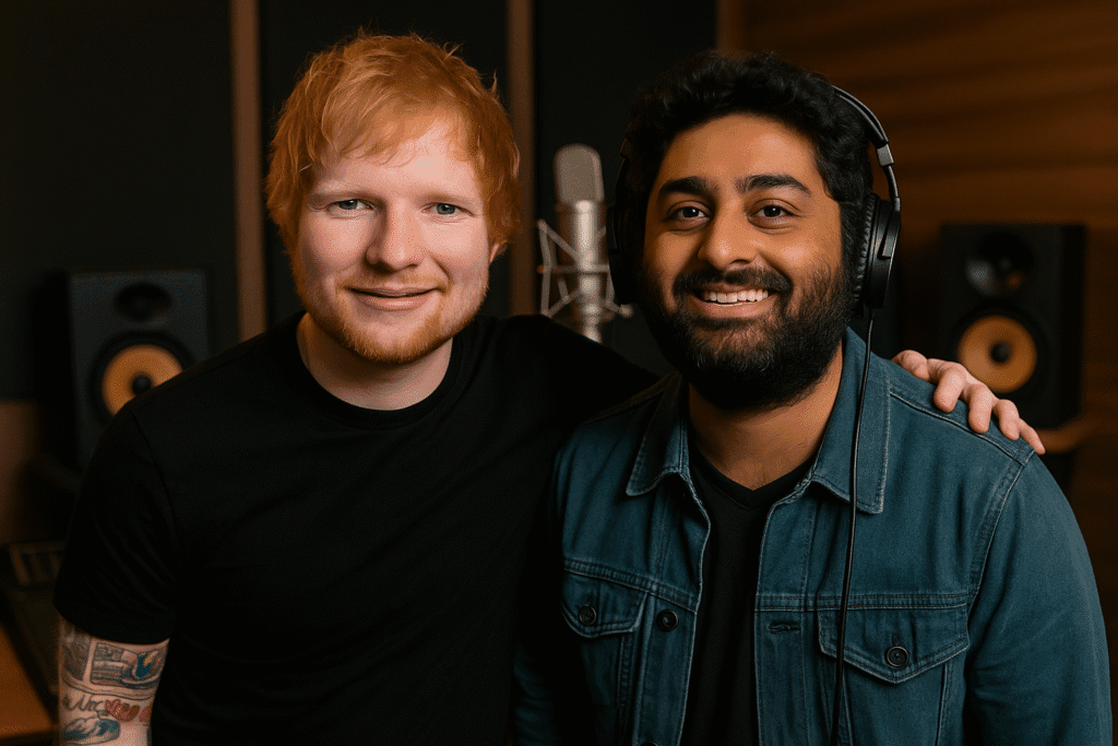 Ed Sheeran and Arijit Singh smiling together in a music studio, standing close near a microphone with sound monitors behind them, representing their collaboration on the song "Sapphire
