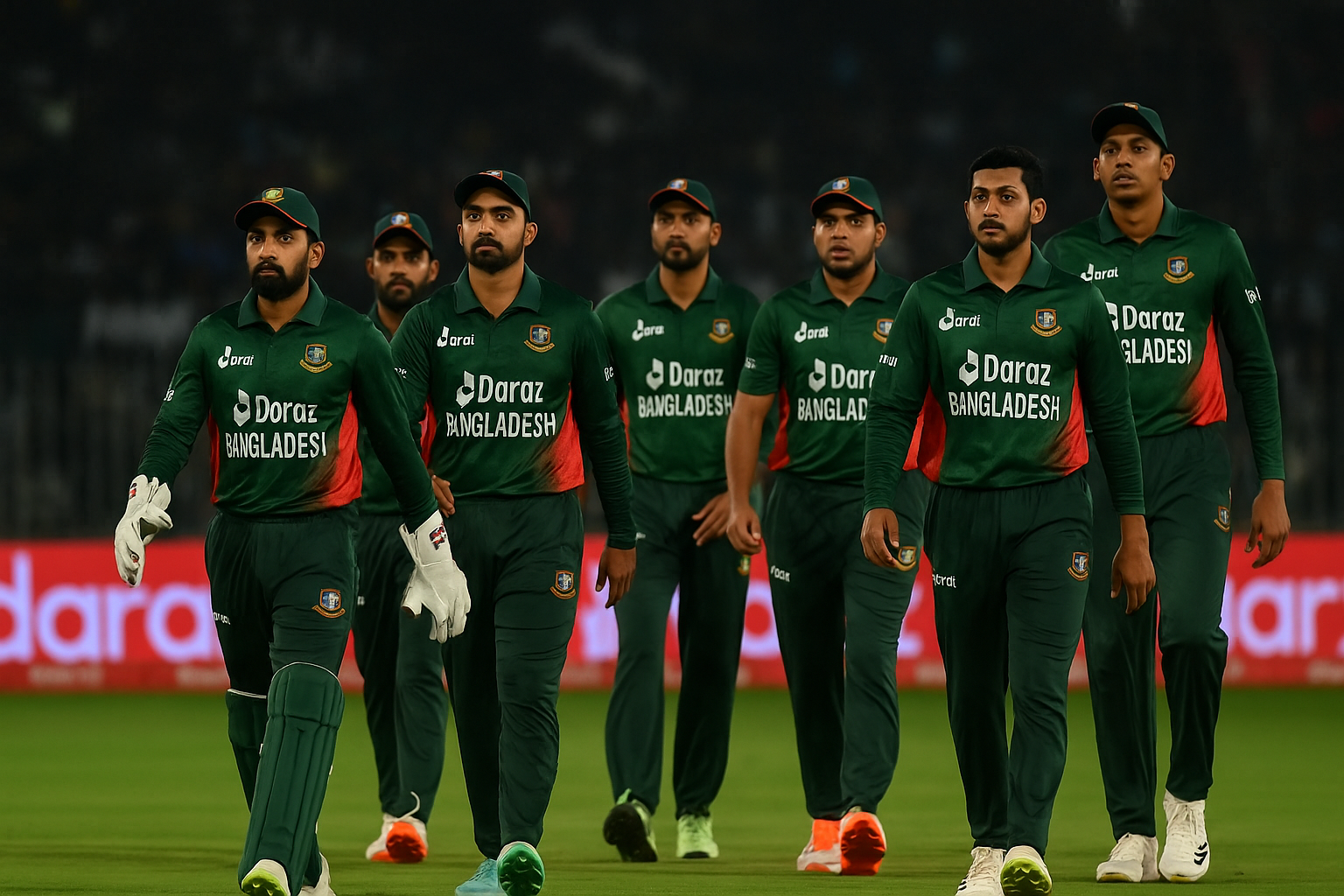 Bangladesh players walking onto pitch, focused expressions