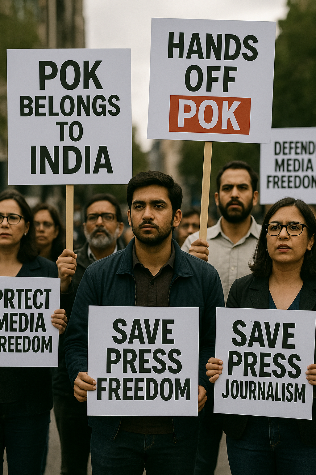 Rajdeep Sardesai Exit Rumors After PoK Remark Public protest image with signs about PoK and journalism