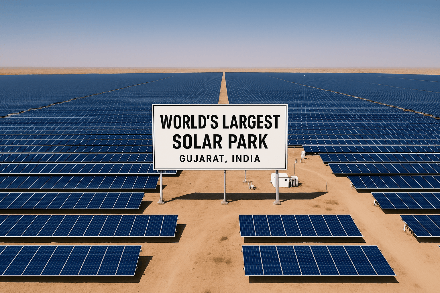 Aerial view of the world's largest solar park in Gujarat's Kutch Desert, showing rows of blue solar panels stretching across the sandy landscape with a central sign reading "World's Largest Solar Park – Gujarat, India."