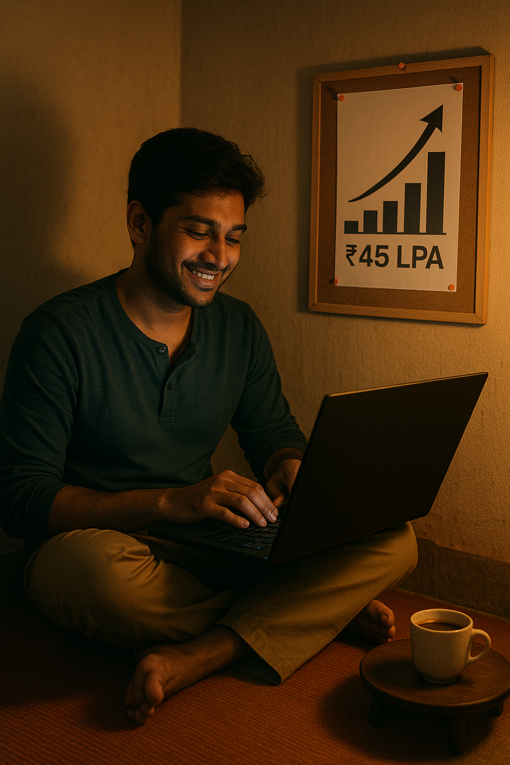 Young Indian software engineer working late at night on laptop