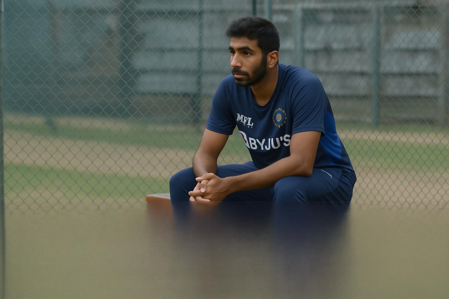 Bumrah sitting quietly at Wankhede nets, lost in thought