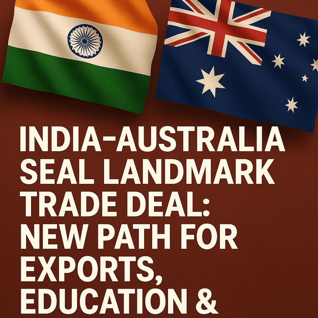 Indian and Australian flags above a bold headline announcing a landmark trade deal focused on exports, education, and investment.