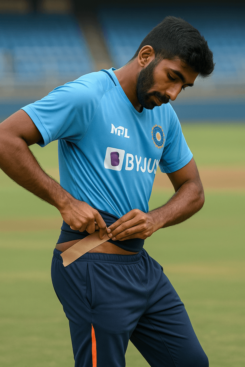 Bumrah wrapping his back with support tape during practice