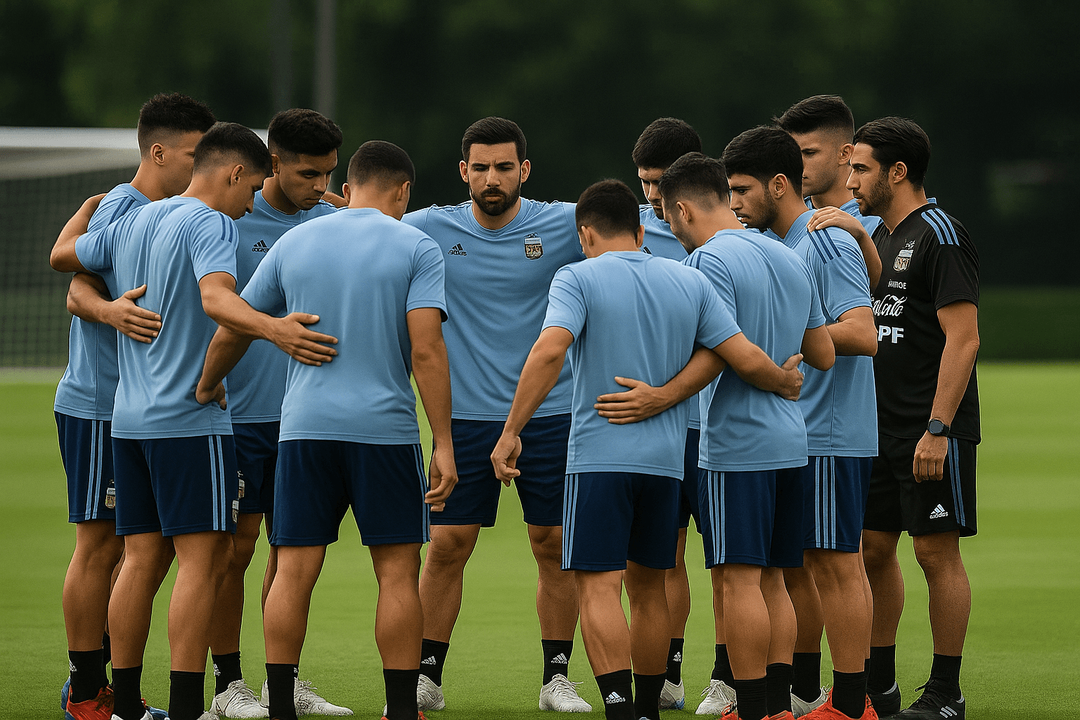 Argentina U23 team huddled before a training session