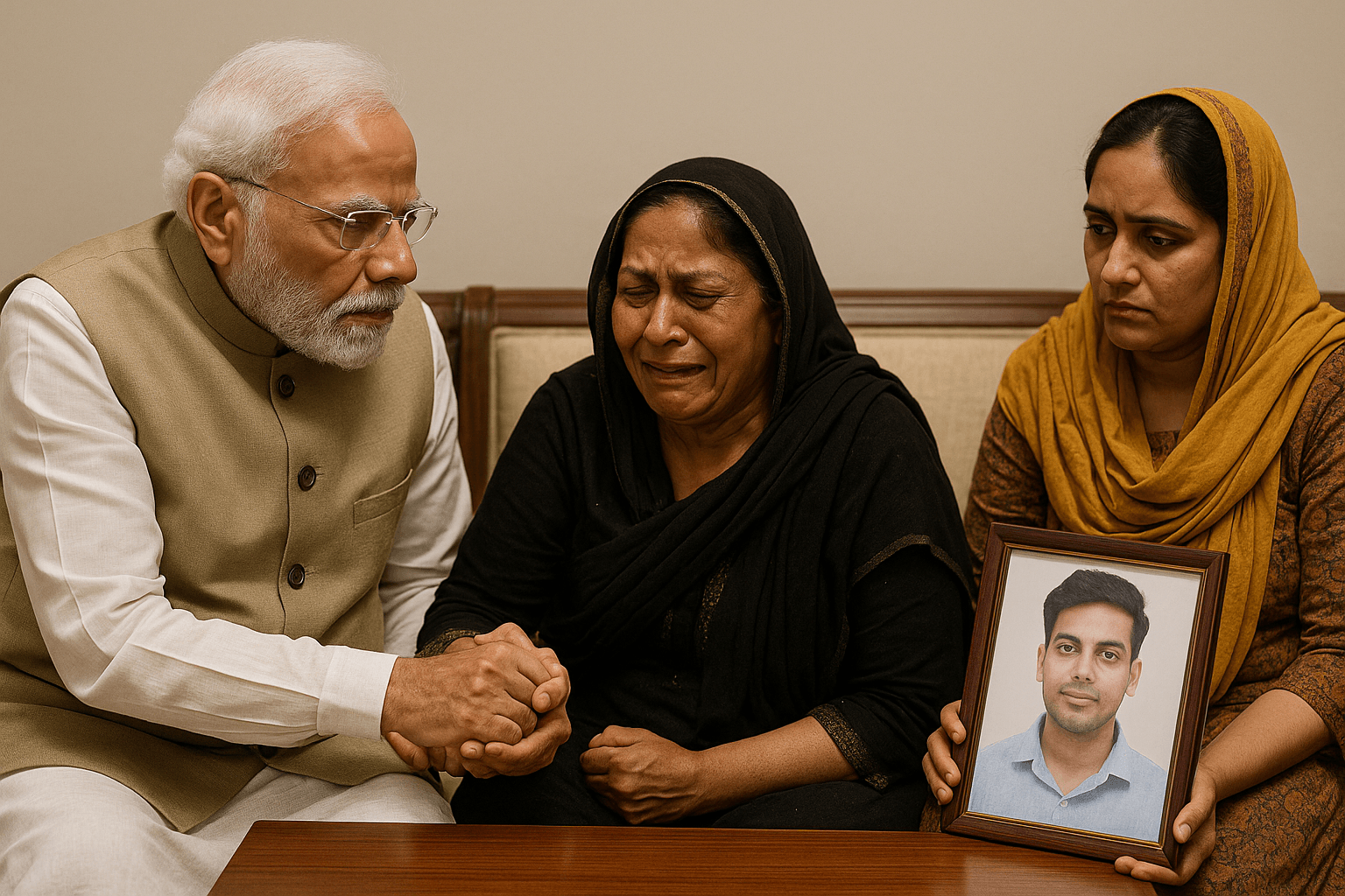 PM Modi sitting with grieving family members in Delhi residence