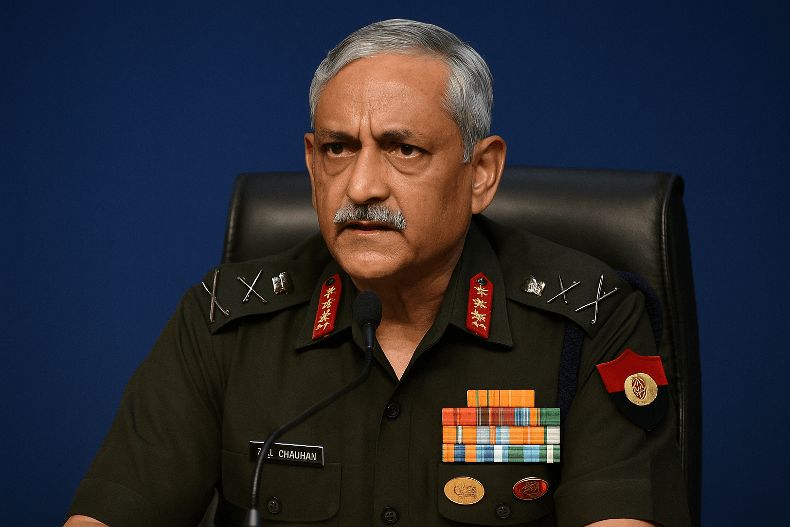 CDS Anil Chauhan addressing media with serious expression