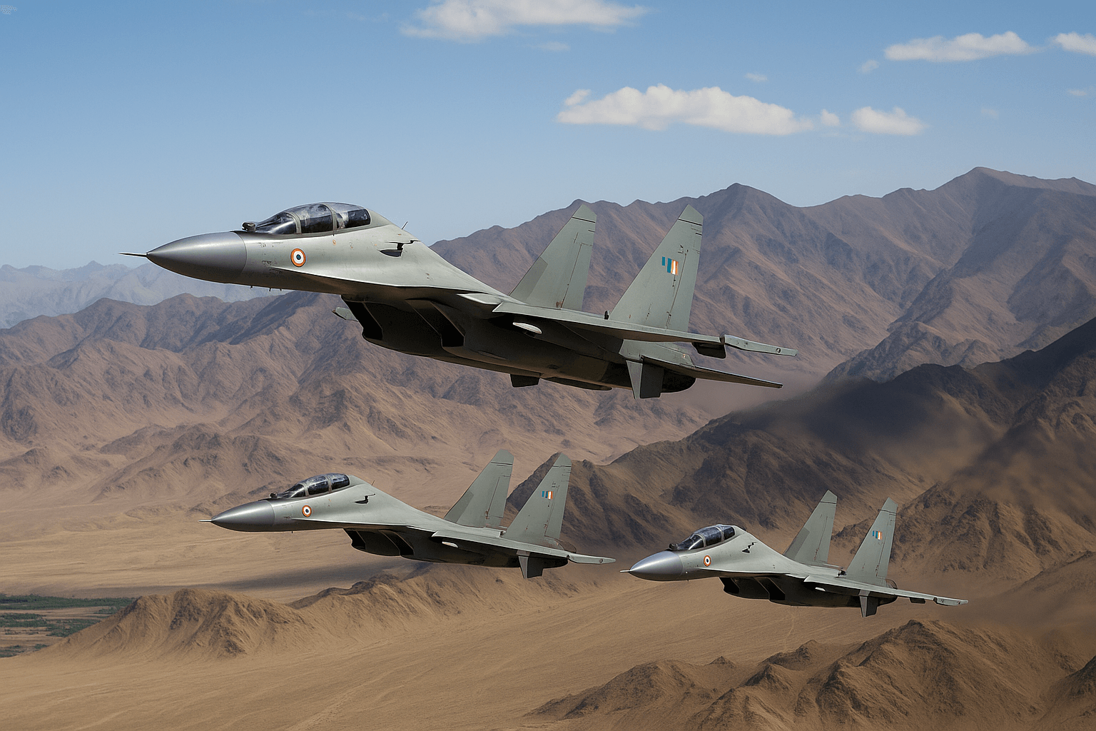 Indian Air Force aircraft flying over mountainous terrain in Kashmir