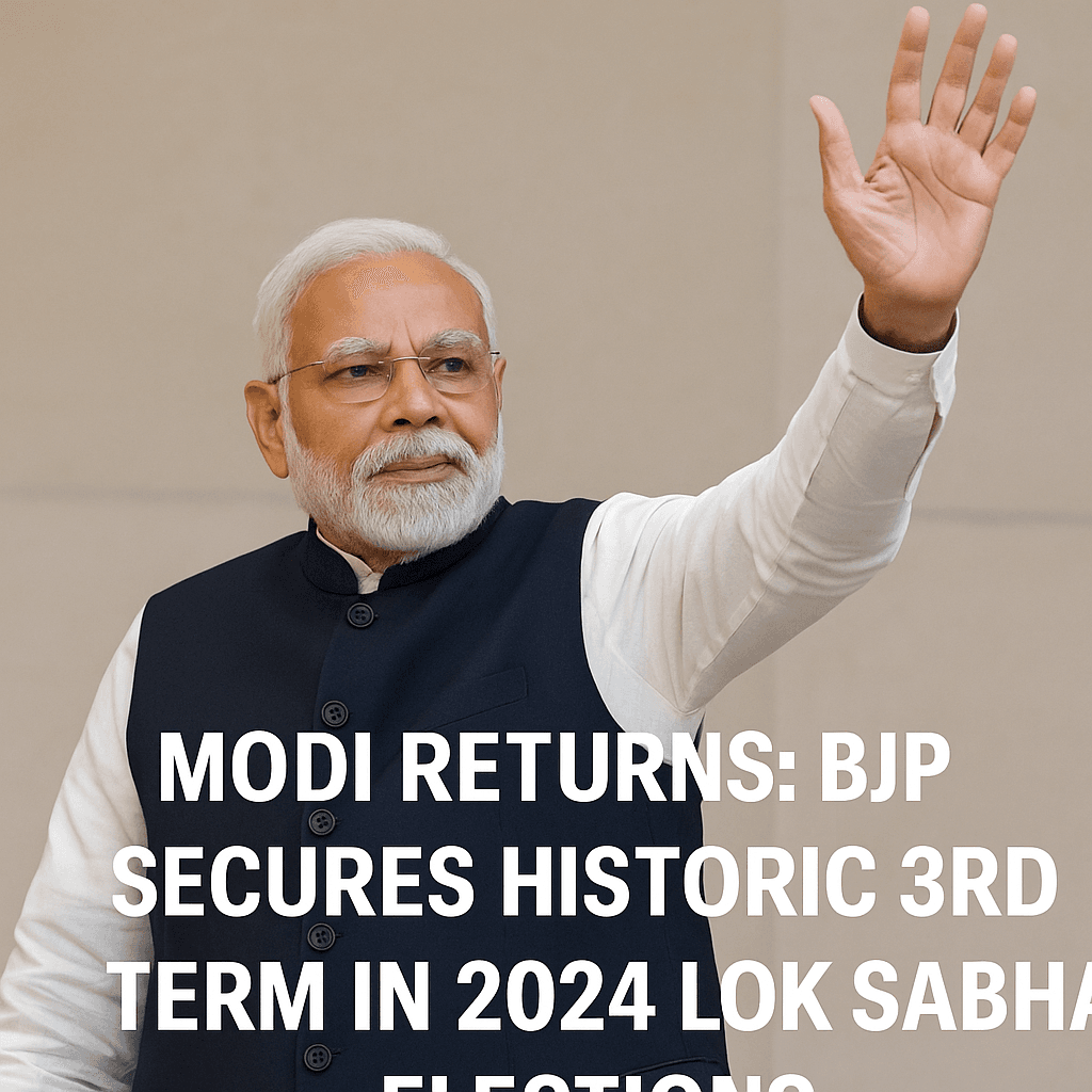 Indian Prime Minister Narendra Modi raising his right hand in a formal gesture, wearing a navy Nehru jacket and white kurta, standing against a beige background.
