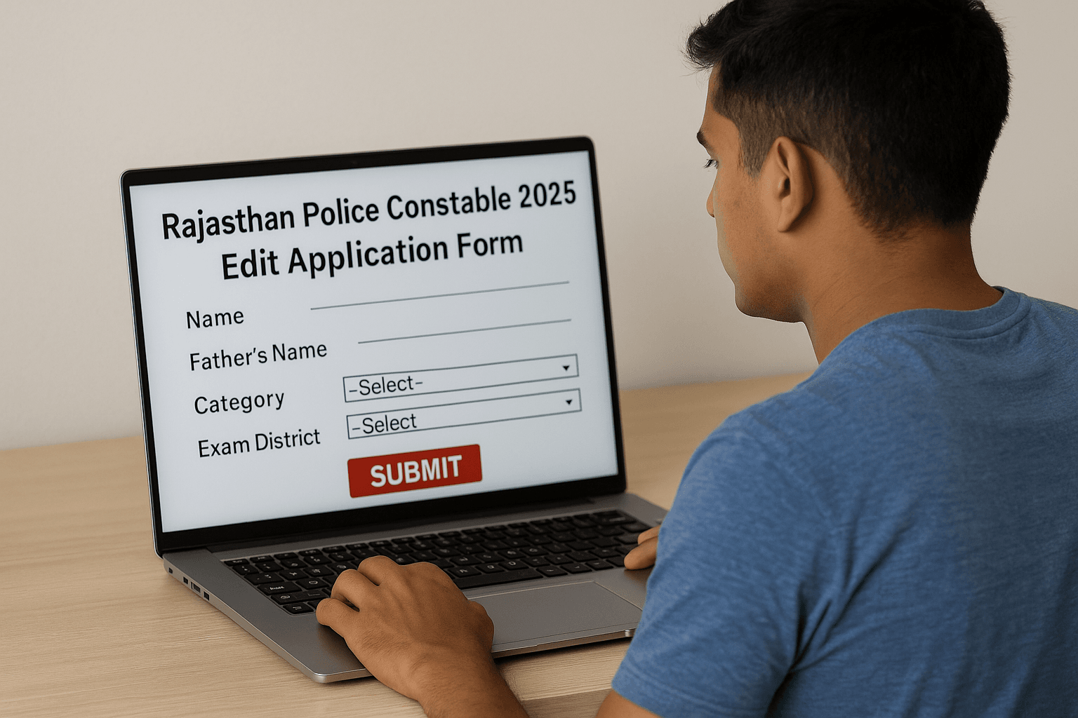 Young candidate editing police form on laptop