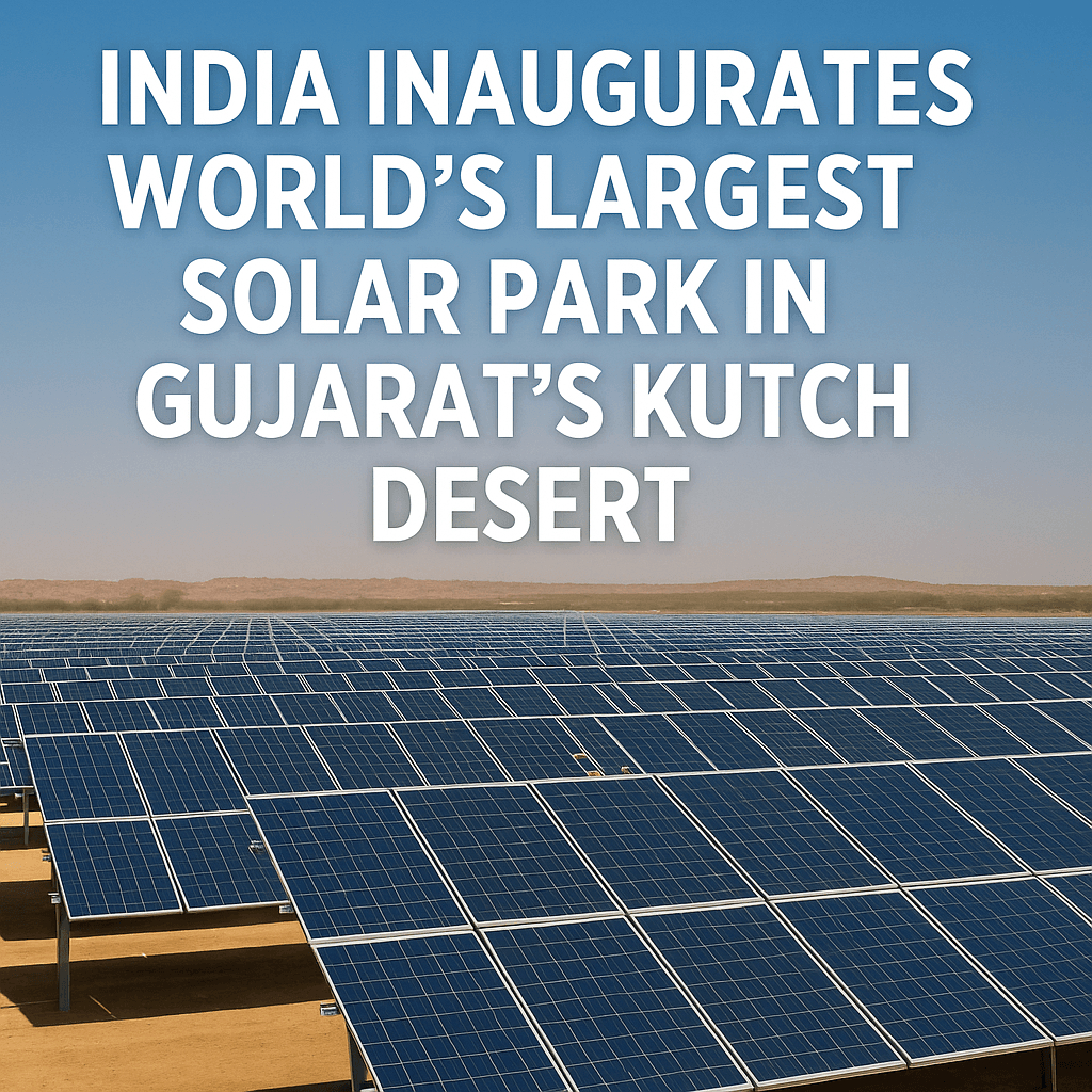 Aerial view of the world's largest solar park in Gujarat's Kutch Desert, showing rows of blue solar panels stretching across the sandy landscape with a central sign reading "World's Largest Solar Park – Gujarat, India."