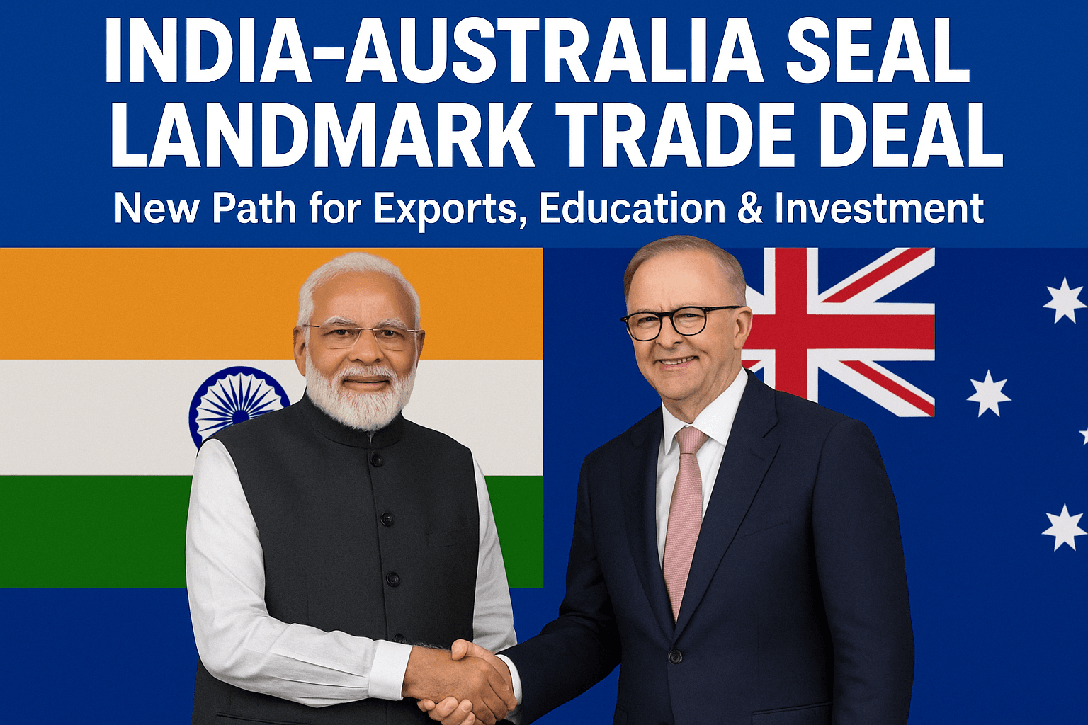 Indian Prime Minister Narendra Modi and Australian Prime Minister Anthony Albanese shaking hands in front of national flags after signing a trade agreement.