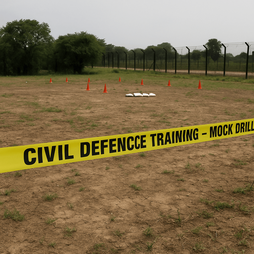 Empty field marked for civil defence training near Indo-Pak border