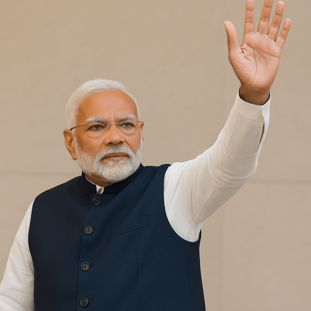 Indian Prime Minister Narendra Modi raising his right hand in a formal gesture, wearing a navy Nehru jacket and white kurta, standing against a beige background.