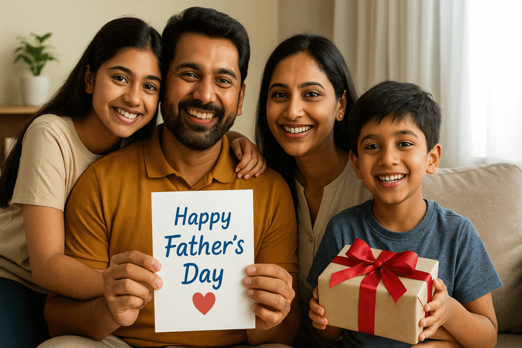 Happy Indian family celebrating Father's Day at home