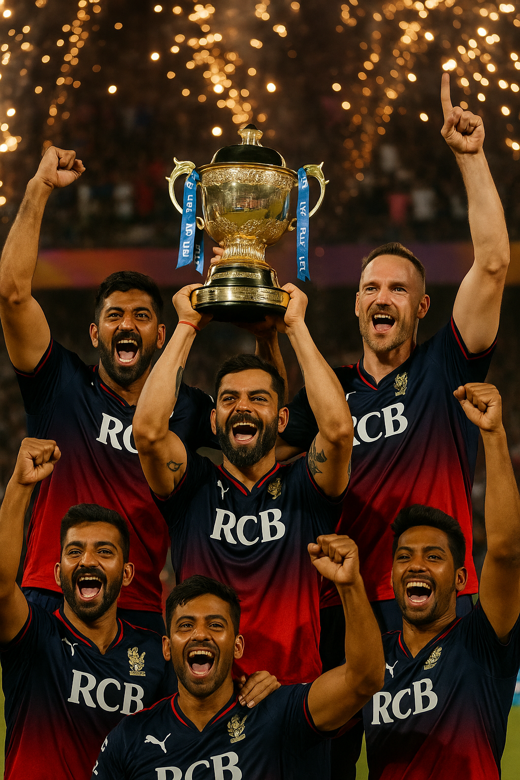 RCB players lifting IPL 2025 trophy with fireworks and crowd celebrations in the background