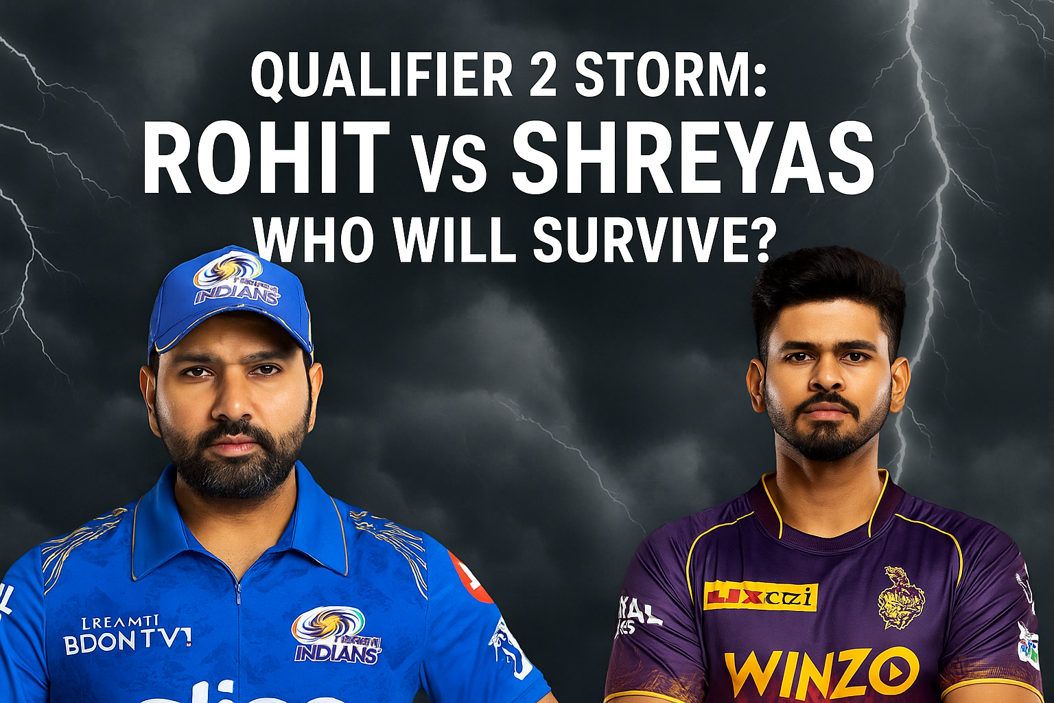 Rohit Sharma and Shreyas Iyer face off ahead of IPL 2025 Qualifier 2, both standing in traditional team jerseys with a tense atmosphere