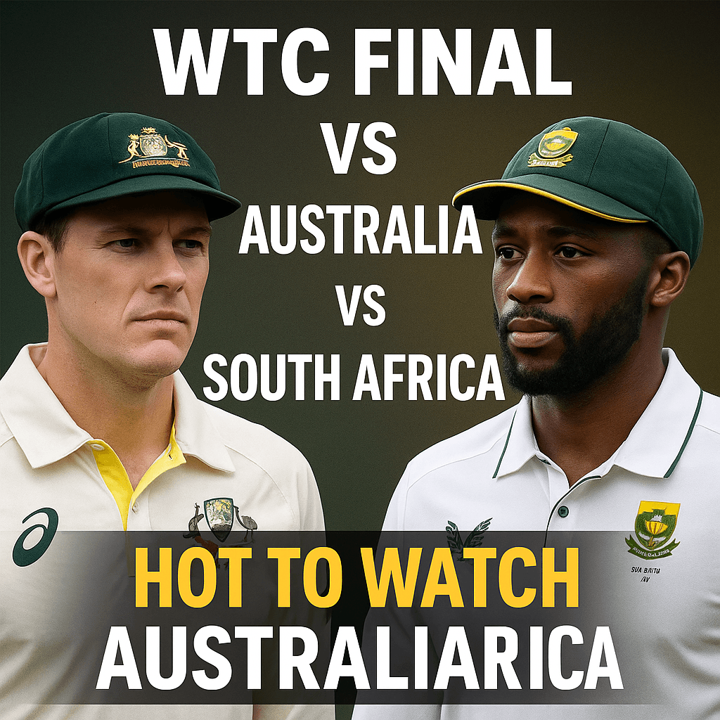 Australia and South Africa captains at Lord’s ahead of the WTC Final 2025, with match title banner.