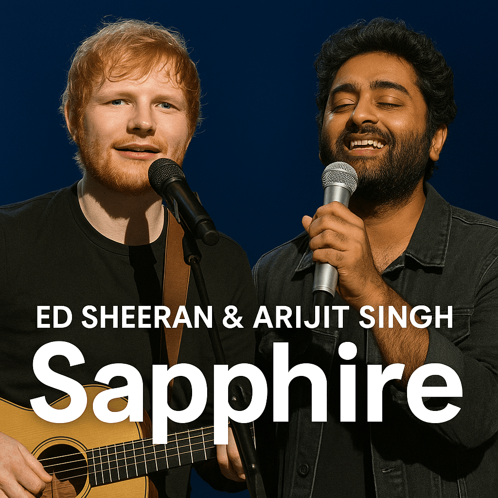 Ed Sheeran and Arijit Singh performing on stage with guitars and microphones, smiling as they sing together. Bold text on the image reads: “Ed Sheeran & Arijit Singh – Sapphire.