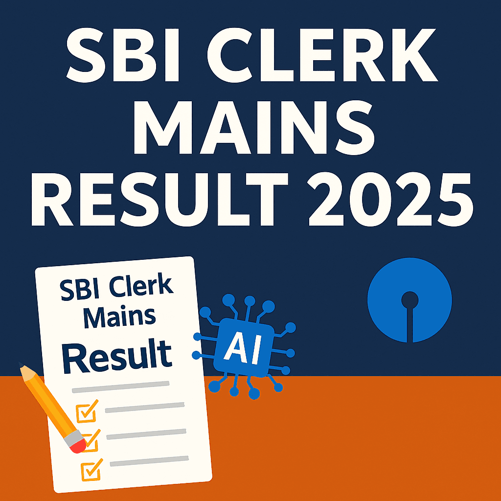 : A digital announcement graphic for SBI Clerk Mains Result 2025 with an exam checklist, pencil, SBI logo, and bold typography on a navy blue and orange background.