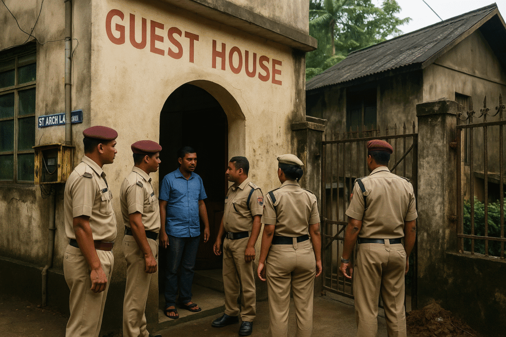 Police outside guesthouse in East Khasi Hills, Meghalaya