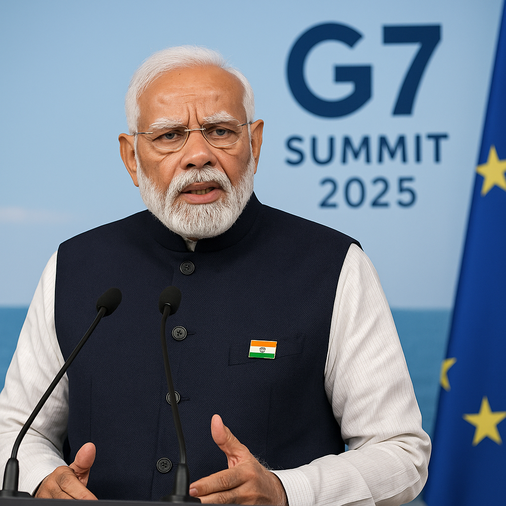 PM Modi G7 Summit 2025 – Prime Minister Narendra Modi addresses the world leaders at the G7 podium with flags and summit branding in the background.