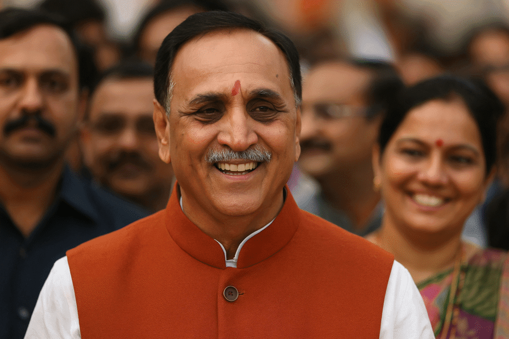 “Vijaybhai Rupani smiling during public visit”