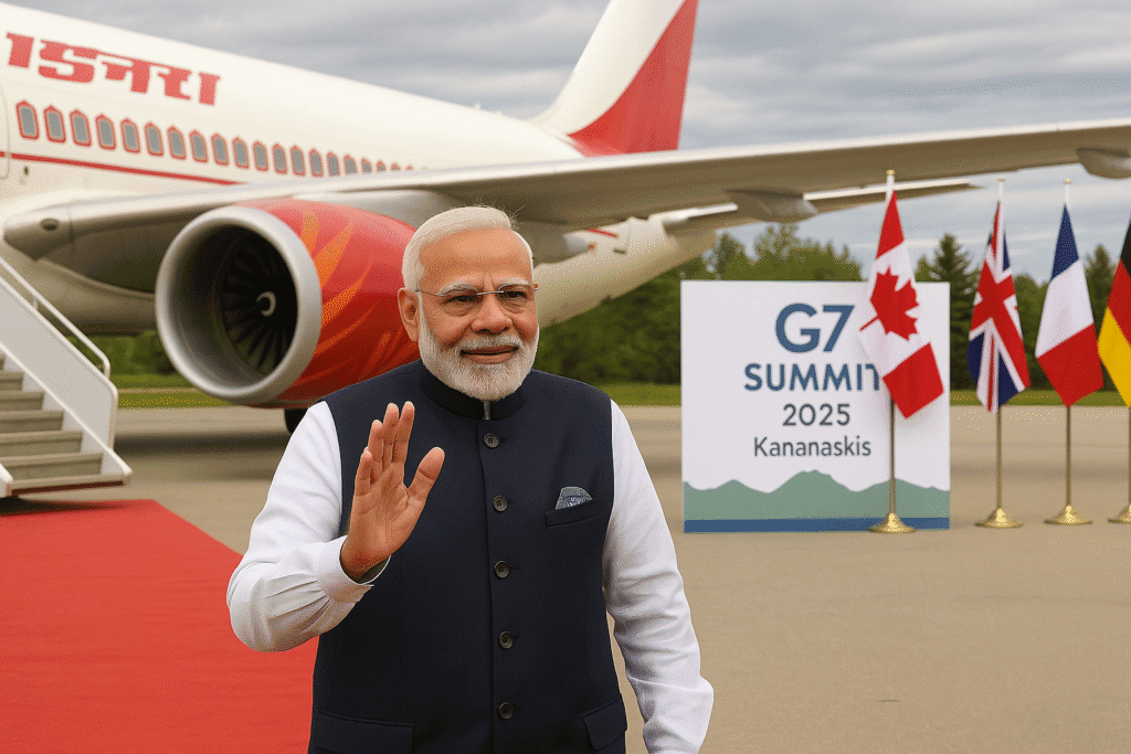 Modi greets world leaders at G7 Summit 2025, with flags of Italy, EU, Canada, France, and UK behind him and caption highlighting India’s role.
