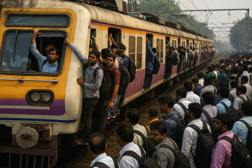 Overcrowded Mumbai local train during morning rush hour Mumbra train accident