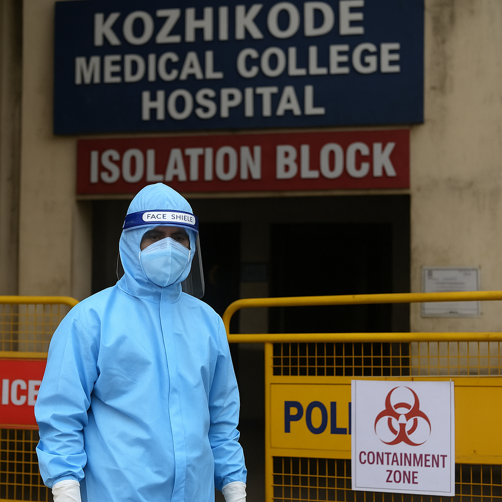 Health worker in PPE outside Kozhikode Medical College amid Nipah virus in Kerala outbreak, with yellow barricades and containment signage visible.