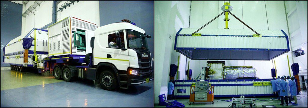 The NISAR satellite being transported on a truck trailer to the Sriharikota launch site for the India US space mission