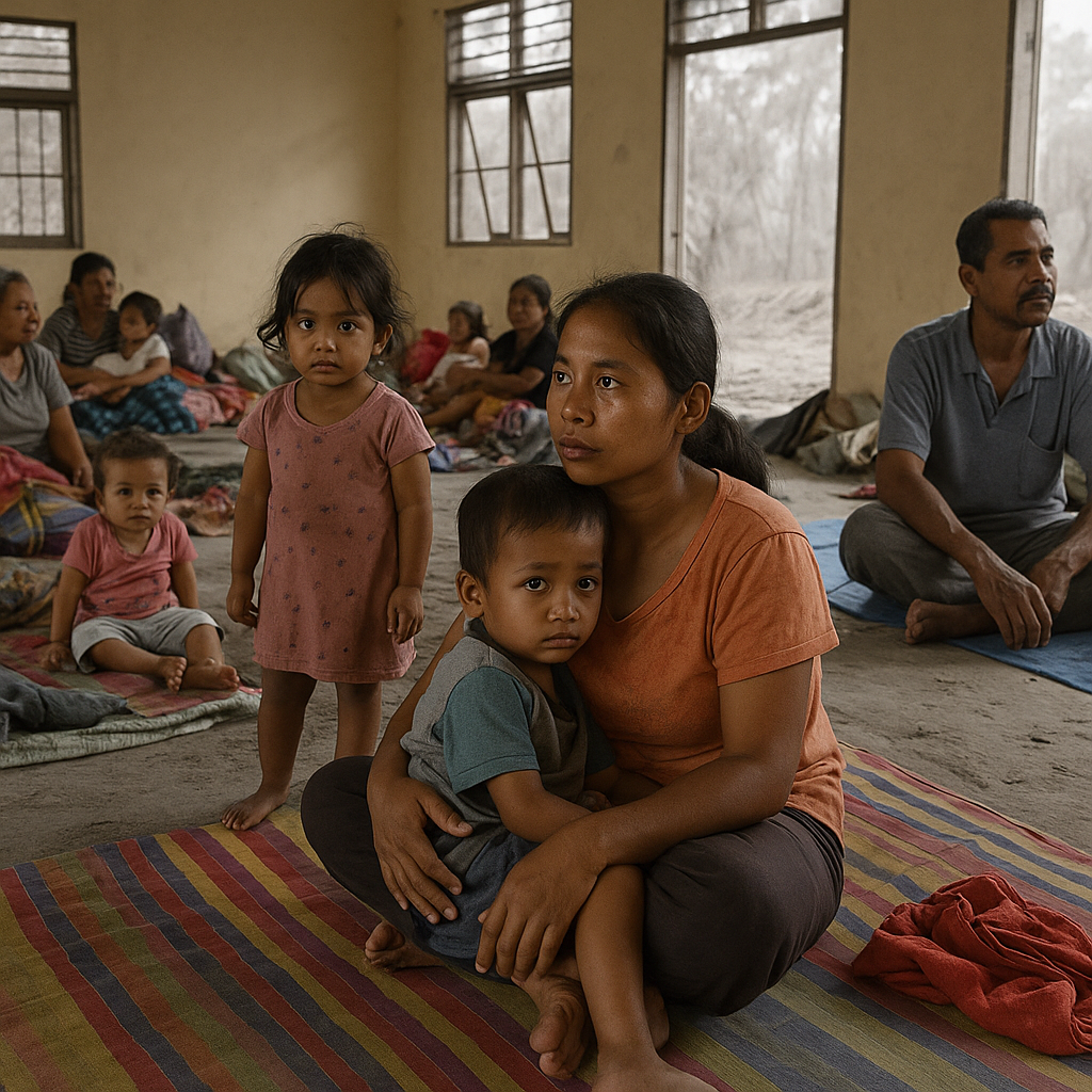 “Displaced families taking shelter after Mount Lewotobi eruption.”
