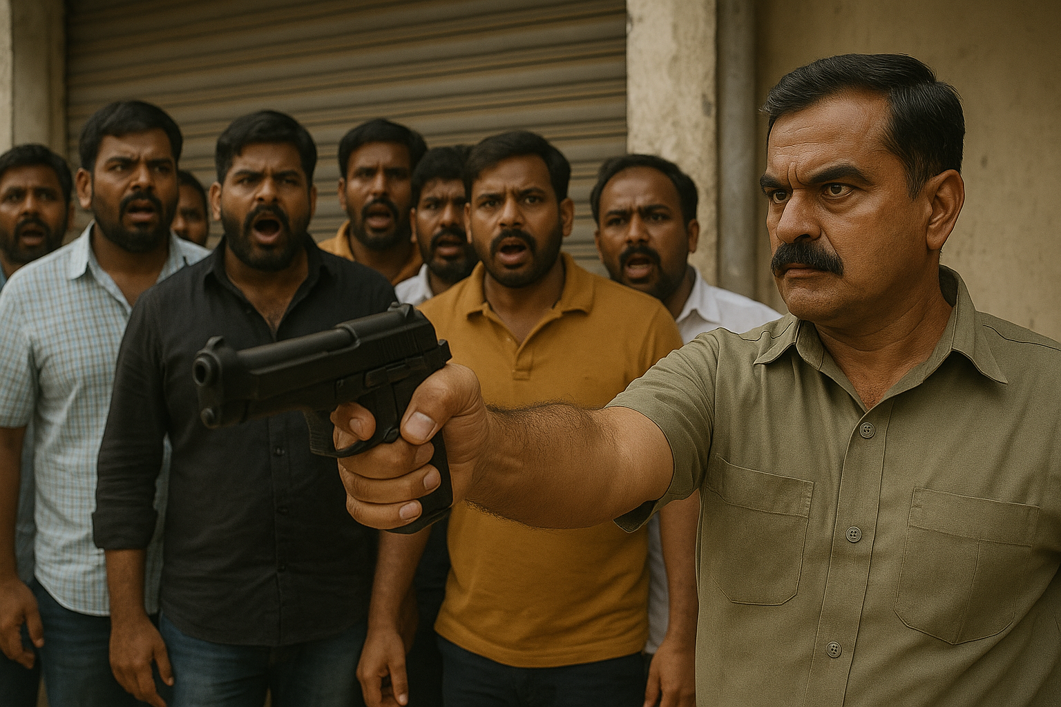 A screengrab from a video shows a security personnel of MLC Chintapandu Naveen Kumar, popularly known as Teenmaar Mallanna, pointing a gun towards Telangana Jagruthi group to warn them from entering the premises during the Teenmaar Mallanna gunfire incident.