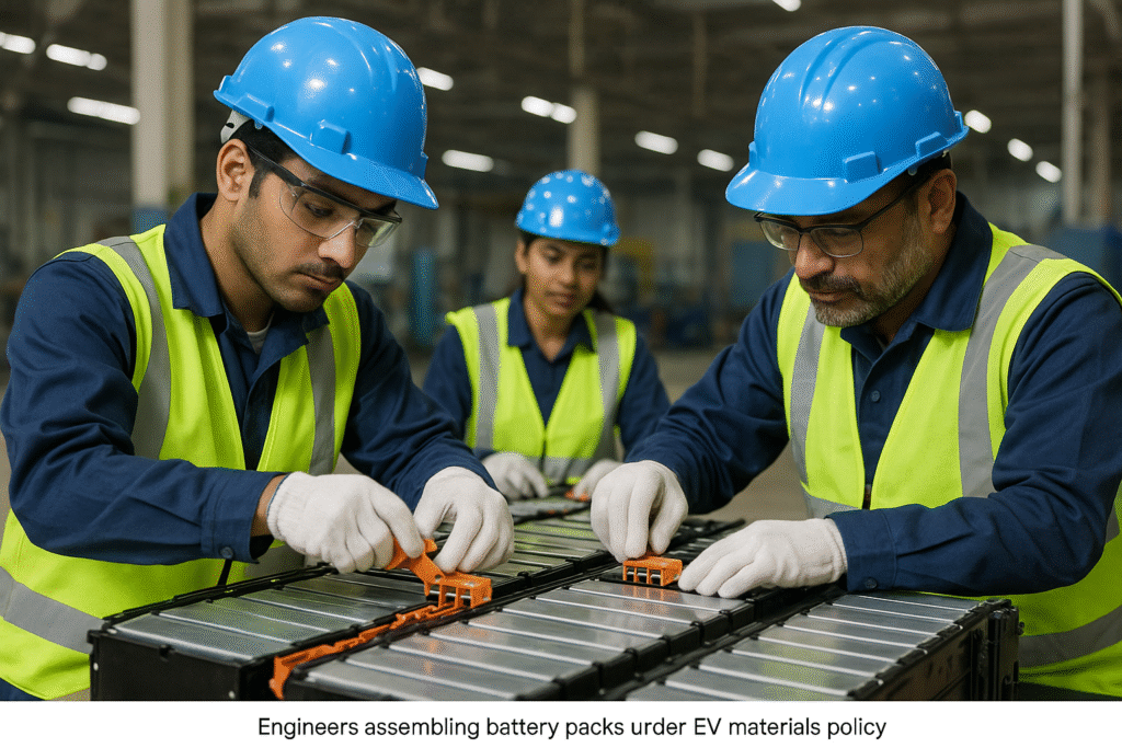 Engineers assembling battery packs under EV car materials policy