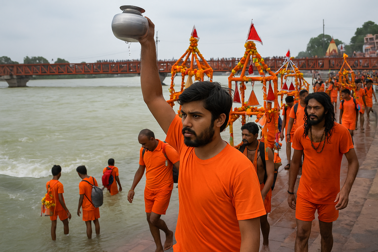 Kanwariyas rescued in Haridwar. In the Kanwar Yatra procession, kanwariyas collect water from a river and carry it hundreds of kilometres to offer it to the shrines of Lord Shiva