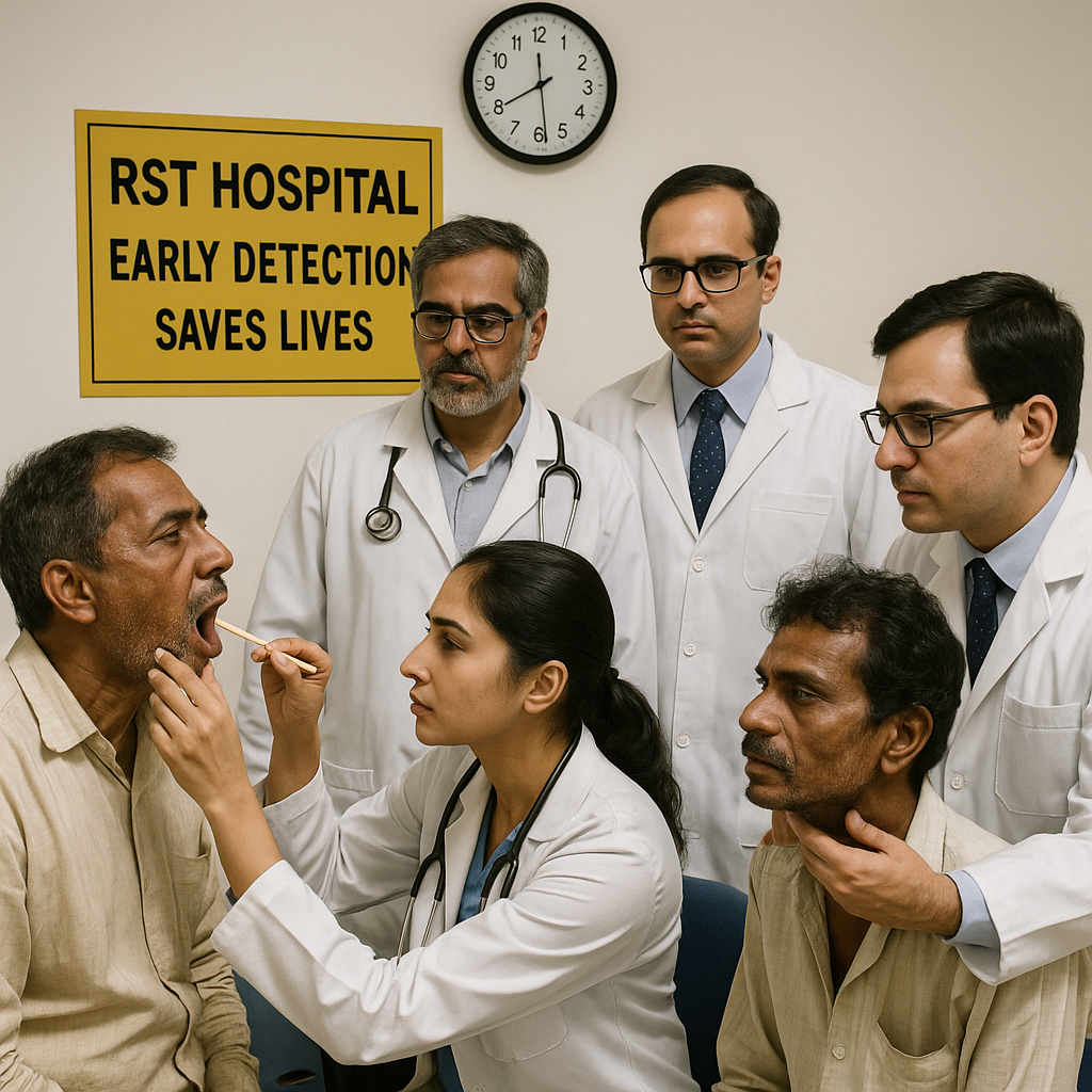 Doctors examining patients amid rising Nagpur cancer cases at RST Hospital during oral and neck screenings.