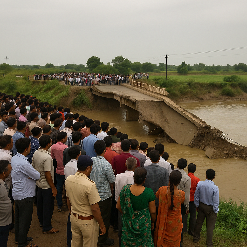 Crowd gathers at Gujarat bridge collapse site in Anand district