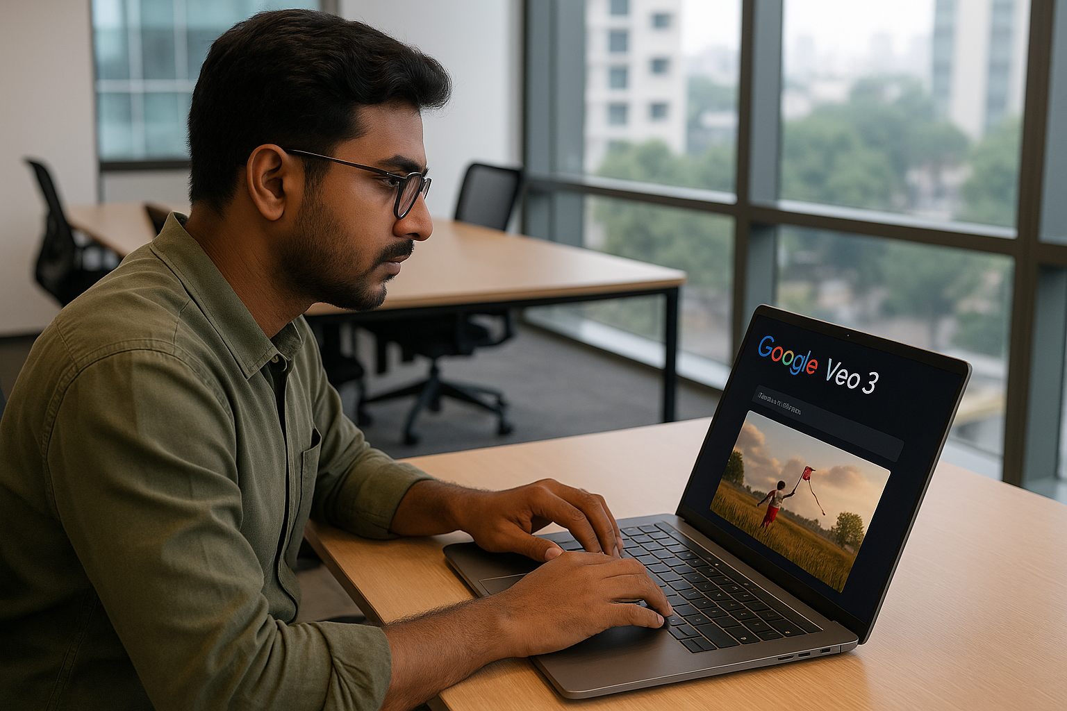 User testing Google Veo 3 on a laptop in New Delhi office
