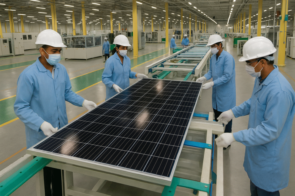 “Reliance solar panel manufacturing unit in Jamnagar, workers on assembly line”
