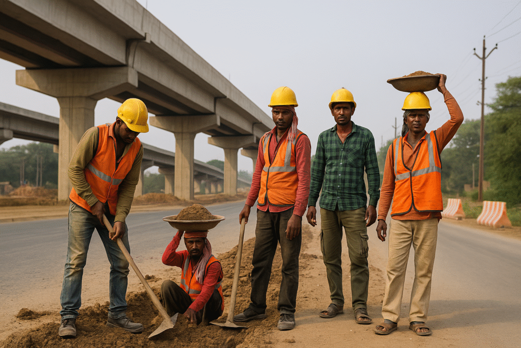 Workers at a highway construction site in India as India economy 2025 shows strong resilience