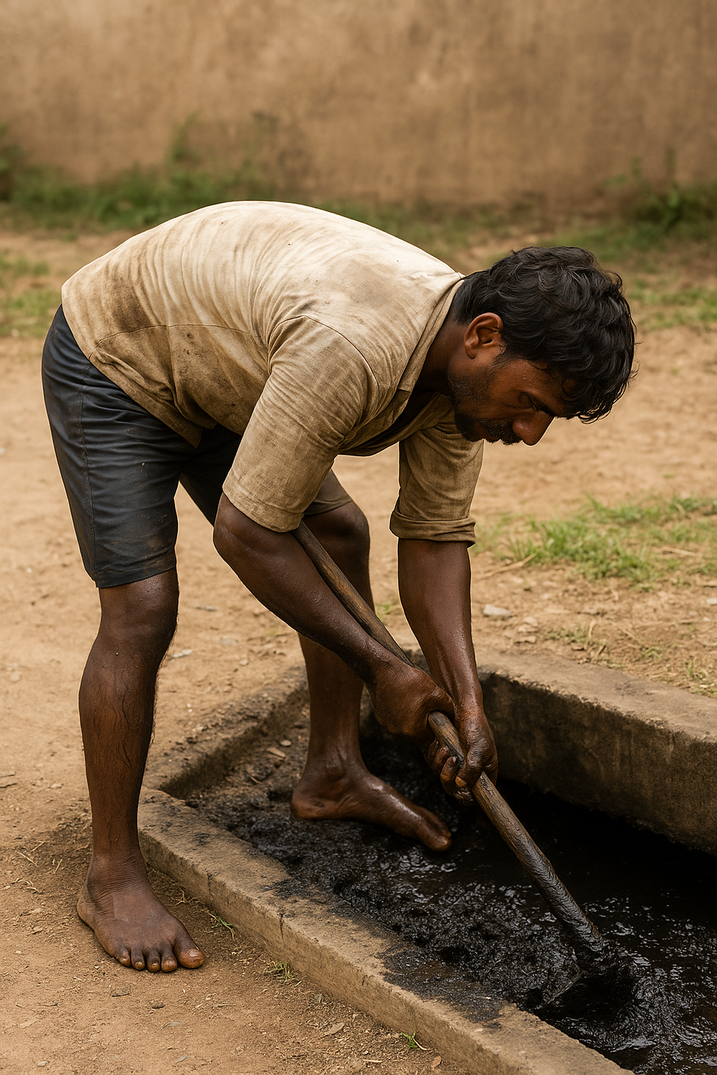 Sanitation workers cleaning a drain manually, highlighting the ongoing issue of Manual Scavenging in India despite official claims.